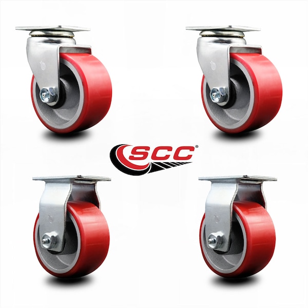 4 Inch Red Poly on Cast Iron Caster Set with Ball Bearings 2 Swivel 2 Rigid